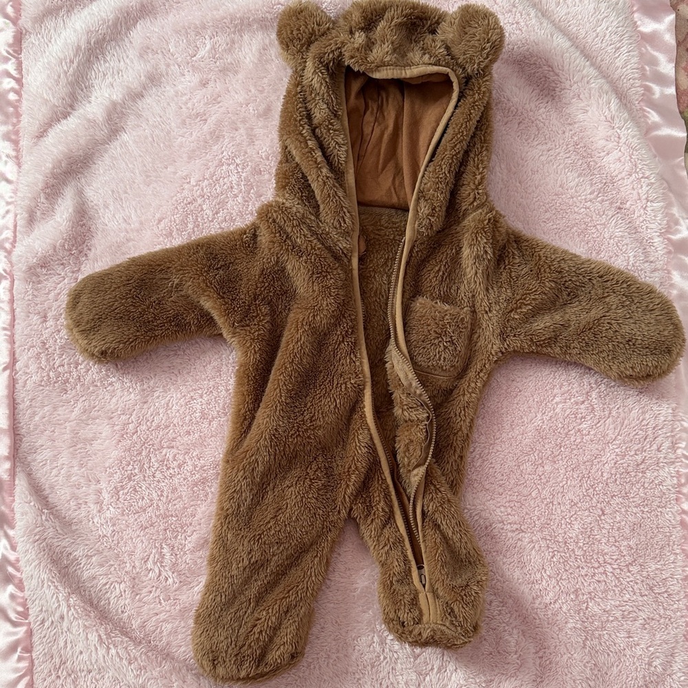 Kids Brown Fuzzy Bear One-Piece Jumpsuit - Cozy Hooded Romper